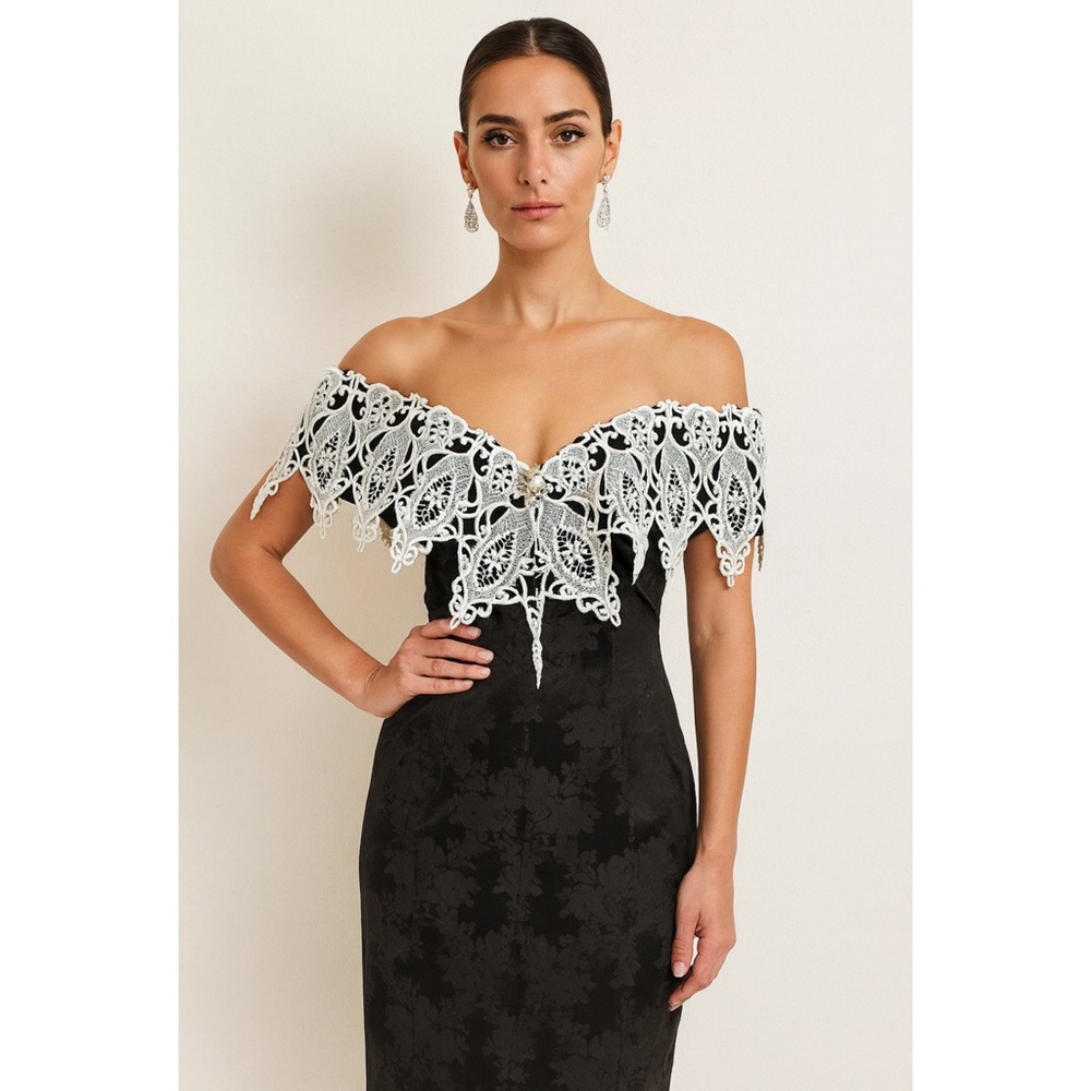 VINTAGE SCOTT MCCLINTOCK Lace Off Shoulder Floral Satin Gothic Cocktail Dress 10